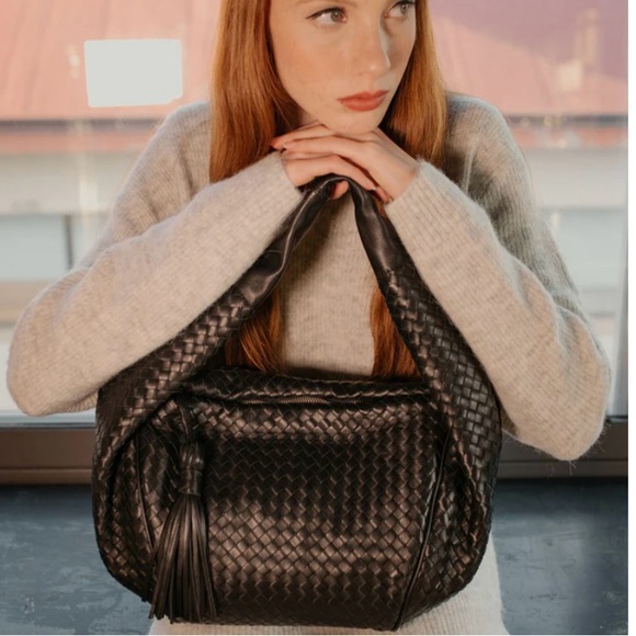 Milaner Italia Hallie Hobo Black Woven Nappa Leather Zip Top Bag Purse New - Picture 2 of 14